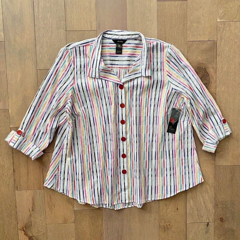 Ali Miles Multicolor Striped Button-Up Tunic with Red Buttons